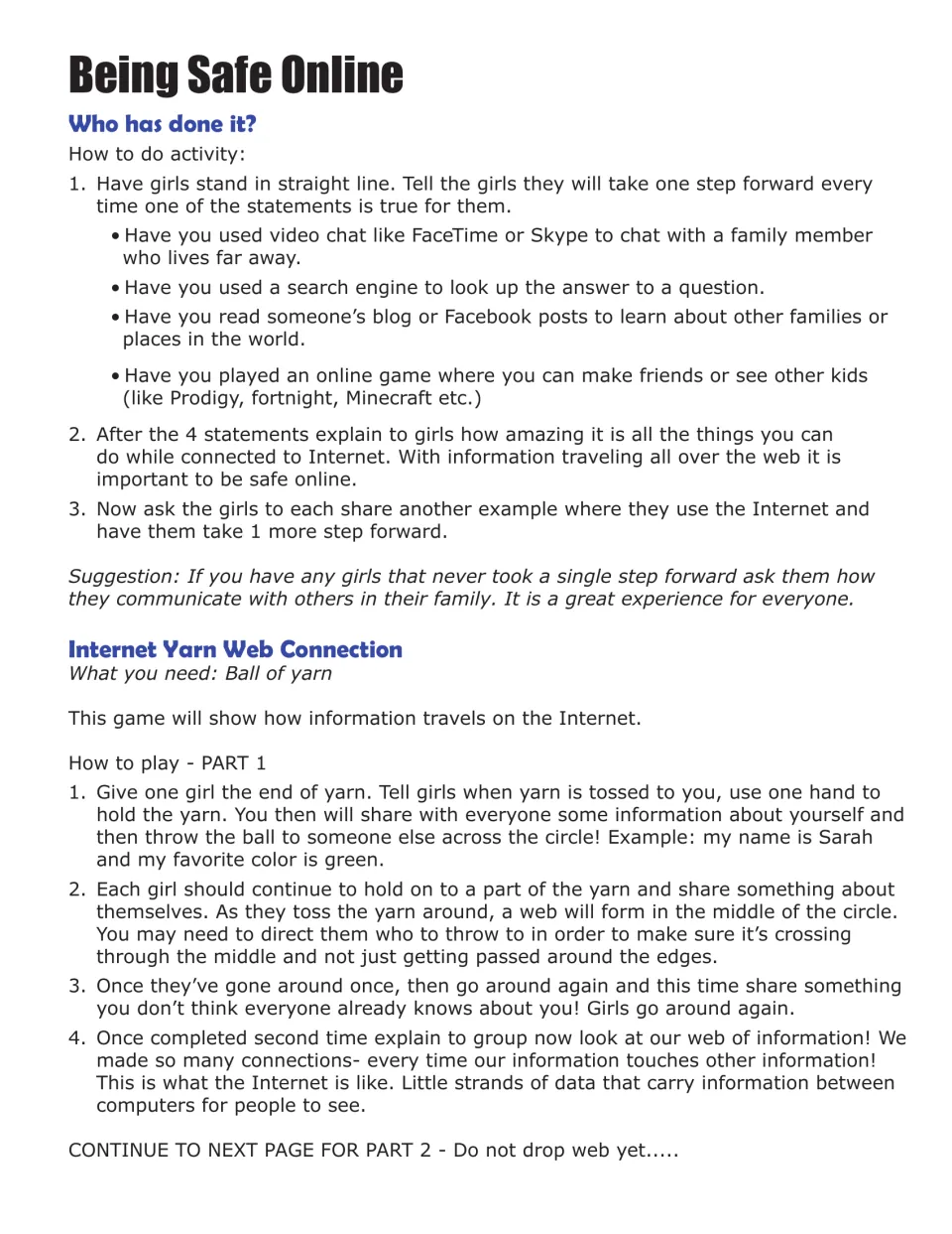 Being Safe Online lesson: an Internet-use movement activity and part 1 of the Internet Yarn Web Connection game