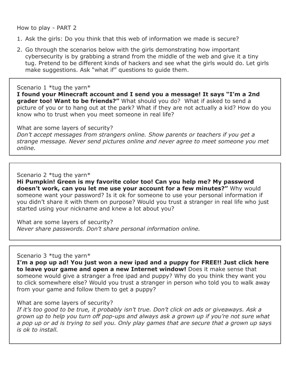 Yarn web game, part 2: online safety scenarios about stranger messages, password requests, and pop-up prizes