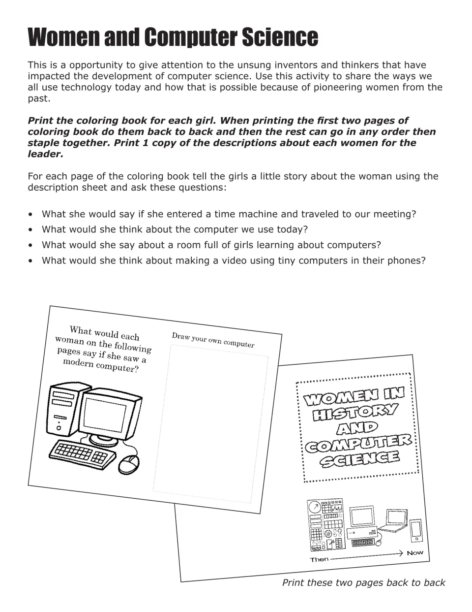 Women and Computer Science lesson gives coloring book assembly directions and historical discussion questions