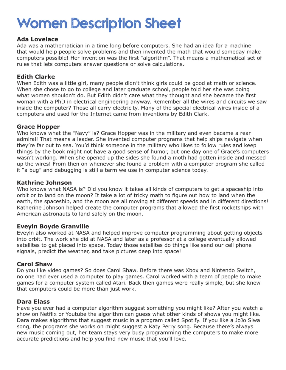 Leader reference sheet introduces seven women in computing, including Ada Lovelace, Grace Hopper, and Carol Shaw