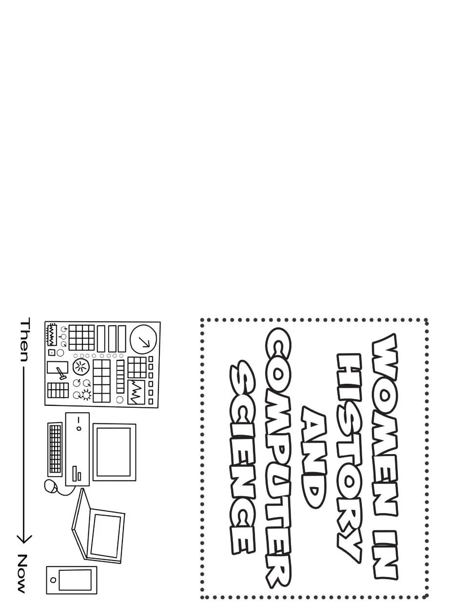 Women in History and Computer Science coloring book cover shows computing devices progressing from then to now