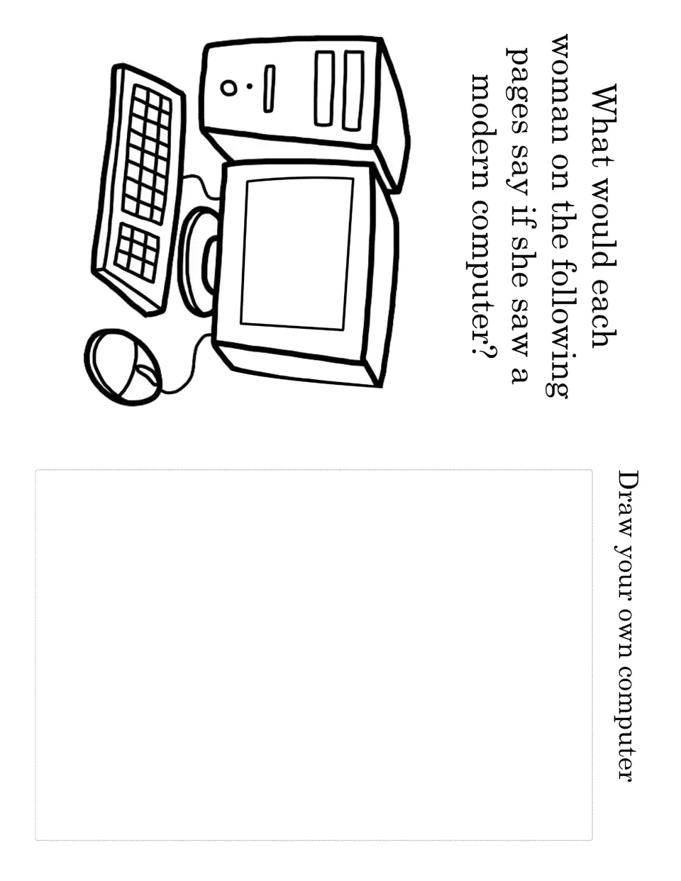 Coloring book opening activity asks what historical women would say about a modern computer and invites drawing
