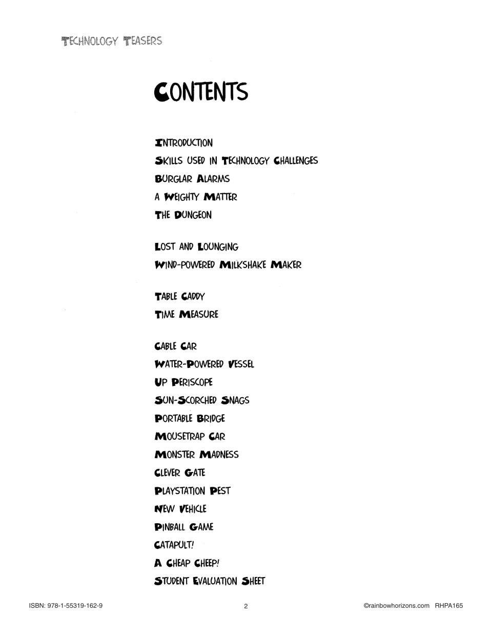 Contents: introduction, skills list, 20 challenges from Burglar Alarms to A Cheap Cheep!, and evaluation sheet