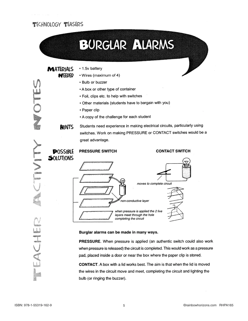 Burglar Alarms teacher notes: materials, a circuit hint, and labeled pressure and contact switch diagrams