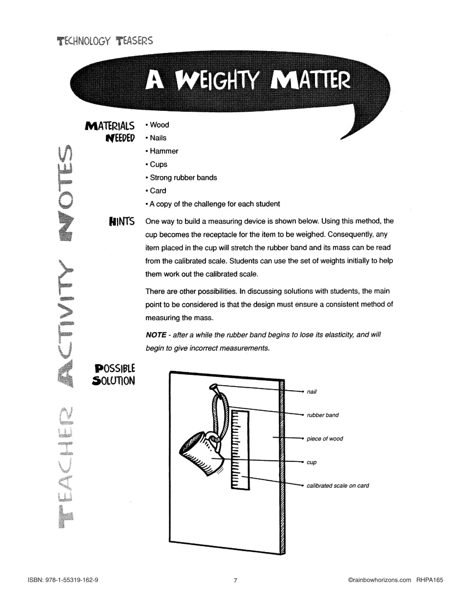 A Weighty Matter teacher notes: rubber band scale diagram labeled nail, cup, piece of wood and calibrated scale