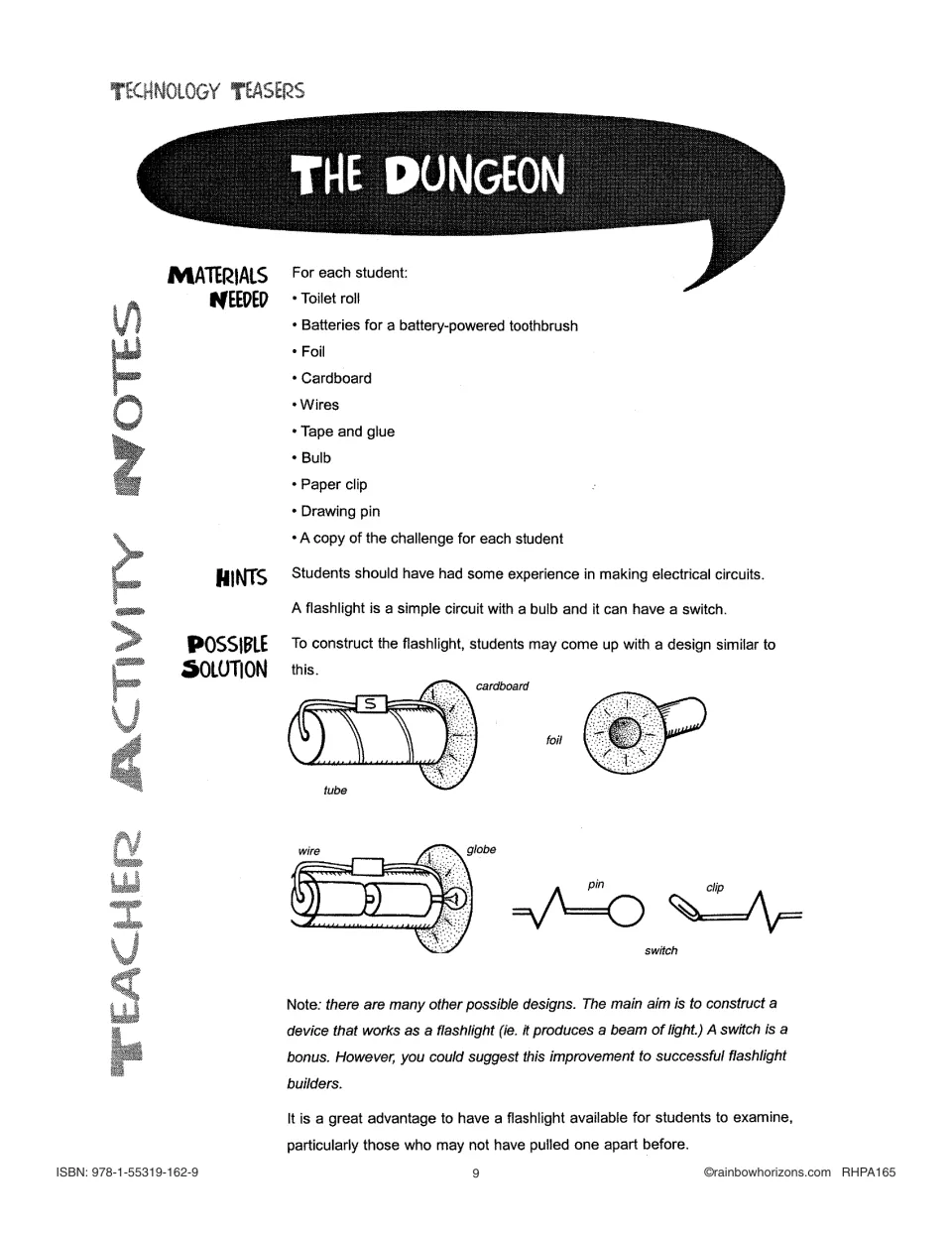 The Dungeon teacher notes: materials and a labeled flashlight design made from a tube, foil and a paper clip switch