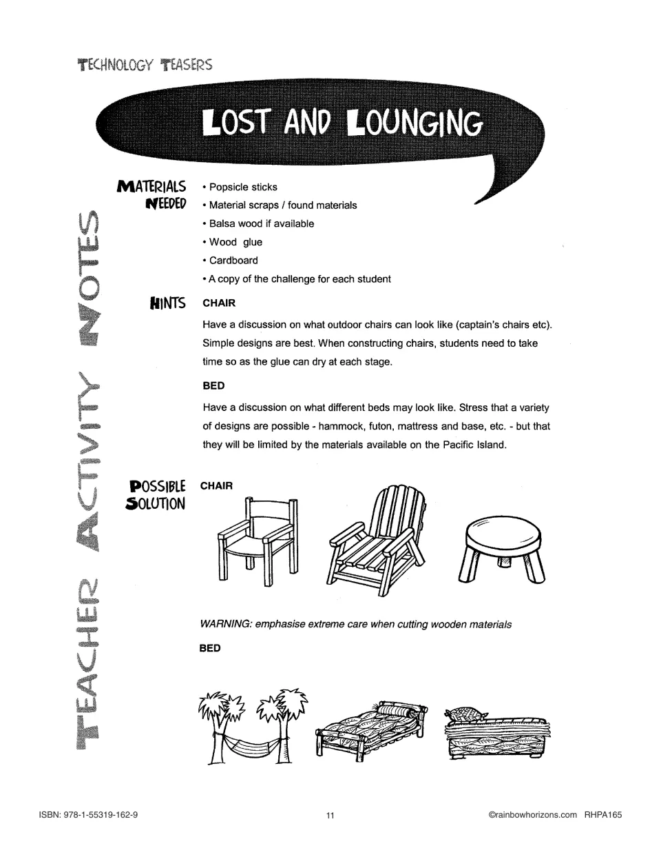 Lost and Lounging teacher notes: popsicle stick materials and chair and bed designs, including a hammock