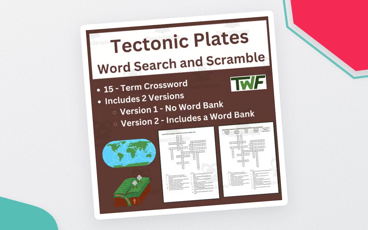 Brown Tectonic Plates Word Search and Scramble cover advertising a fifteen-term crossword in versions with and without a word bank, with small map and puzzle previews.