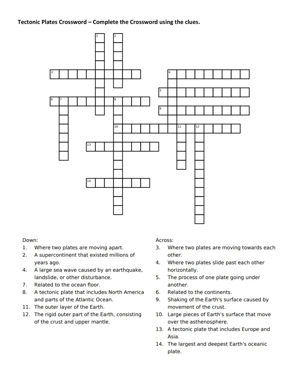 Tectonic plates crossword: students solve 14 clues on plate boundaries, subduction, Pangea and major plates, no word bank