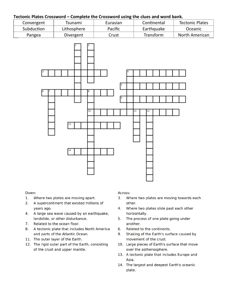 Tectonic plates crossword with a 15-term word bank: students match clues on boundaries, crust, tsunamis and named plates