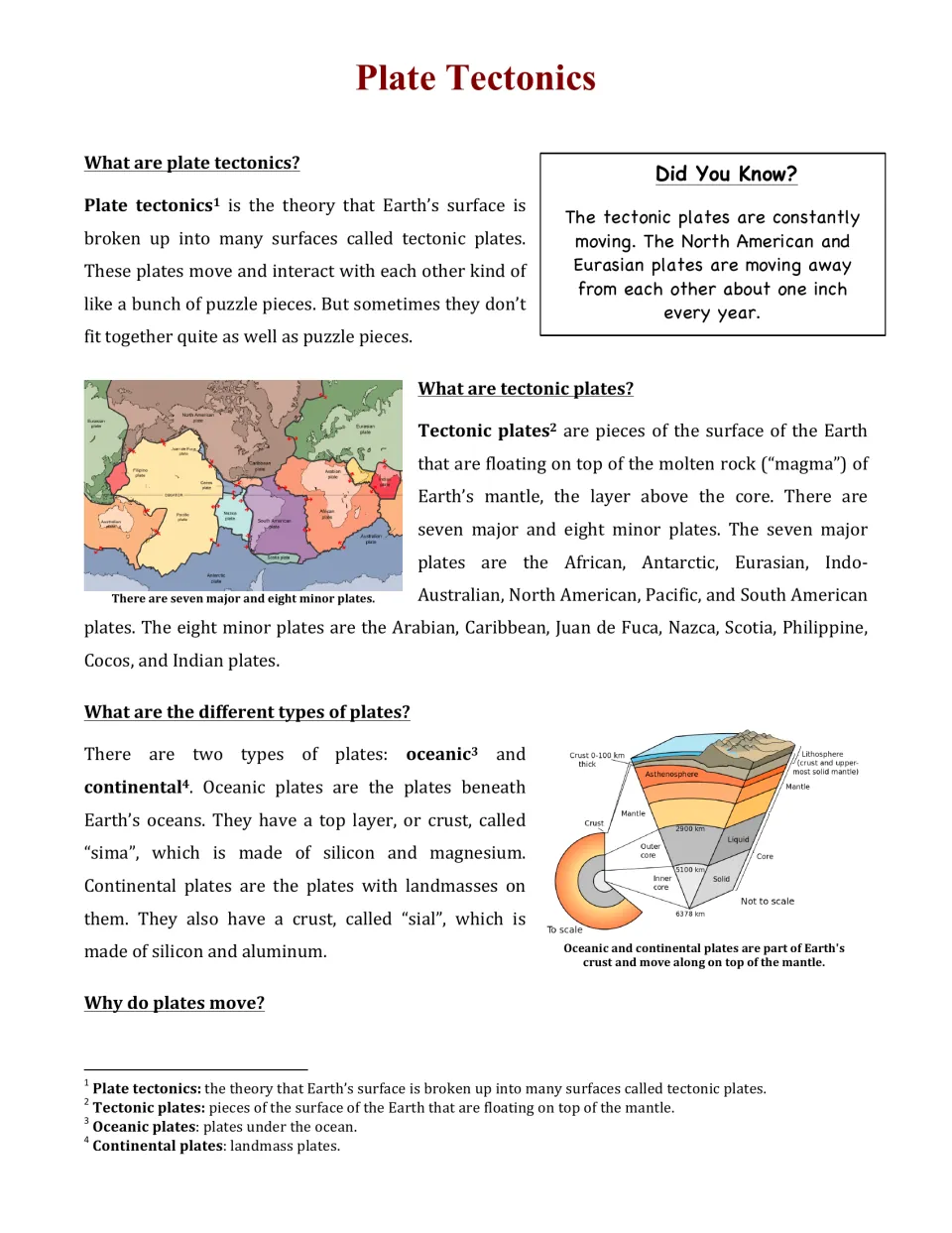 Plate Tectonics article: students read about tectonic plates and oceanic vs continental plates, with a plate map