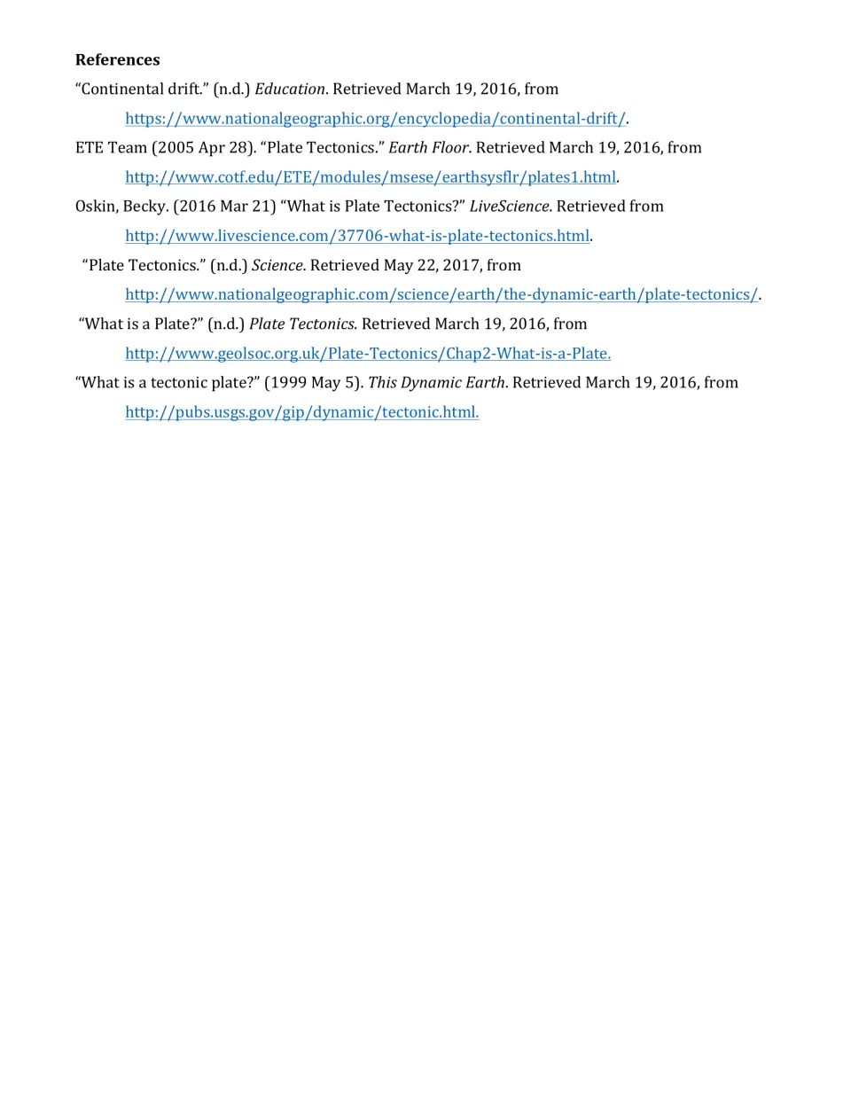 References list citing six sources on plate tectonics and continental drift, including National Geographic and USGS