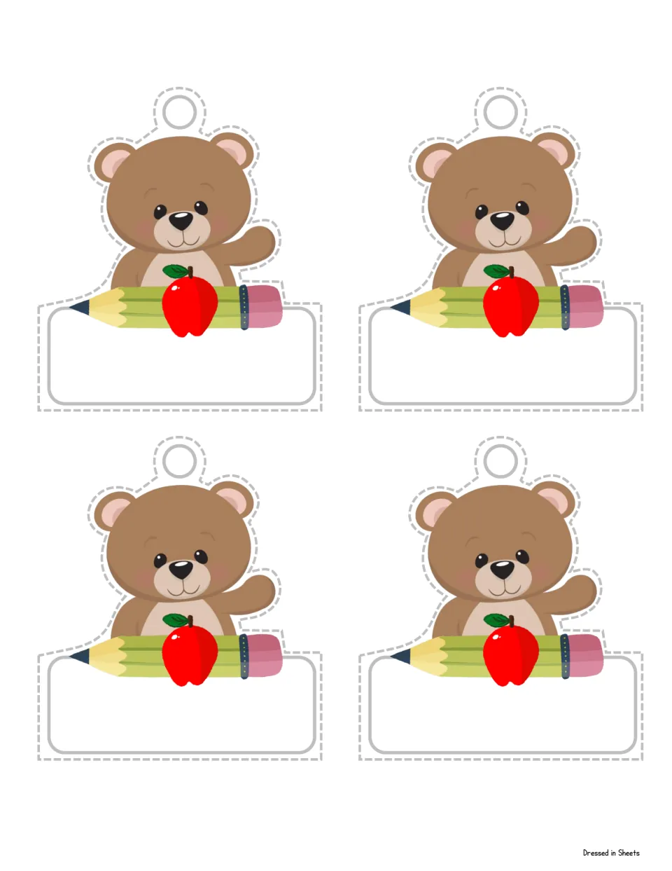 Second identical sheet of four bear name tags to cut out, each with a hang-tag hole at top and a blank area to write a name