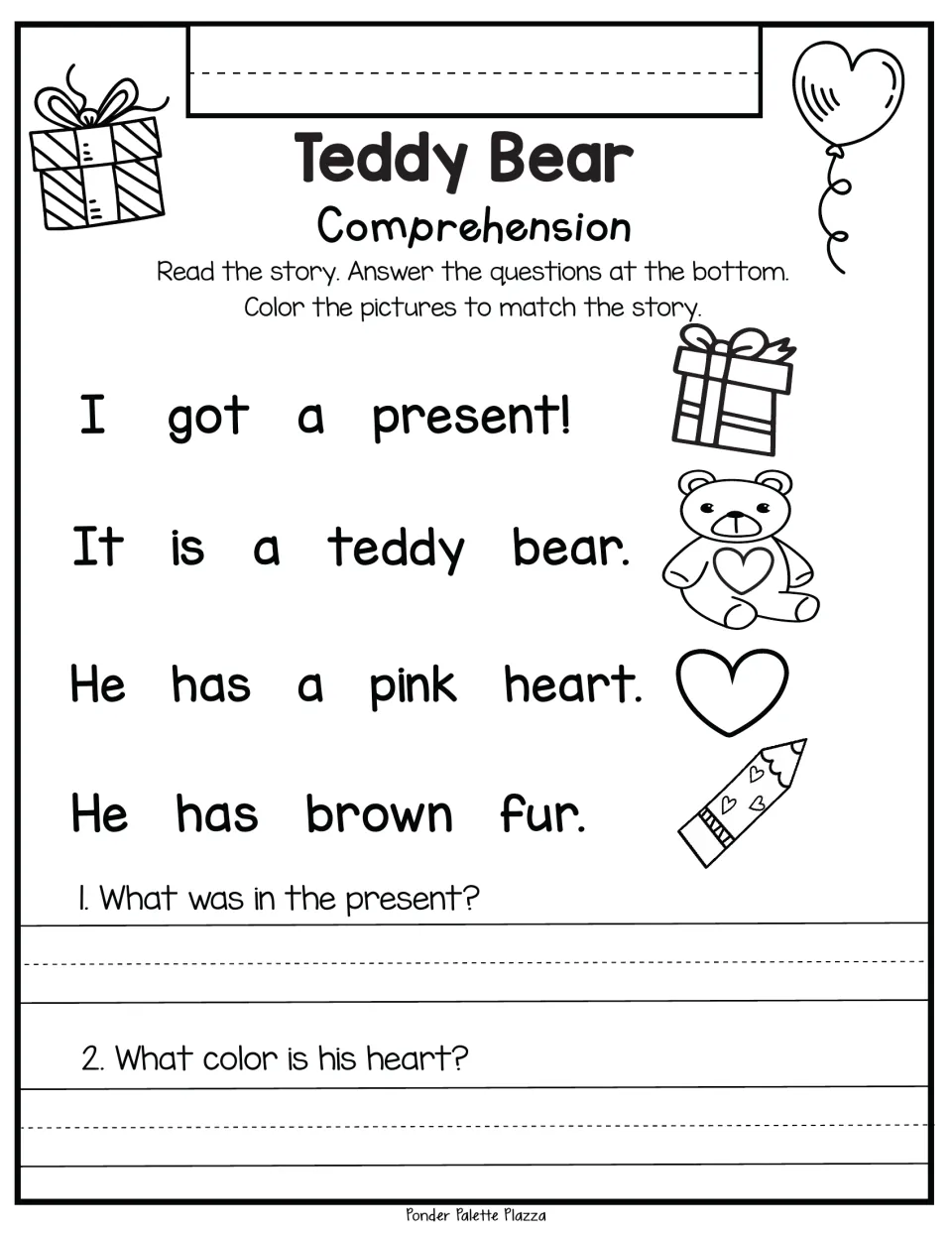 Reading comprehension activity: a teddy bear present with a pink heart and brown fur, plus two questions.