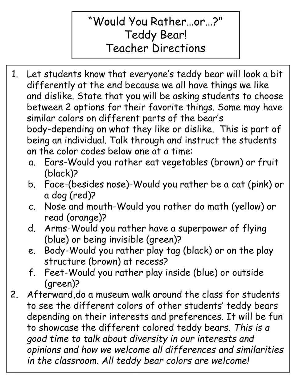 Teacher directions: students pick between two options per bear part, like fruit or vegetables, and color it by a color code