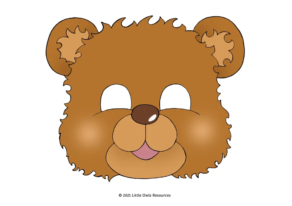 Full-color teddy bear mask 1 for dramatic role-play, with golden-brown fur, a tan muzzle, and eye openings