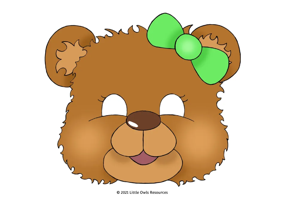 Full-color teddy bear mask 5 for dramatic role-play, with golden-brown fur, eyelashes, and a green bow