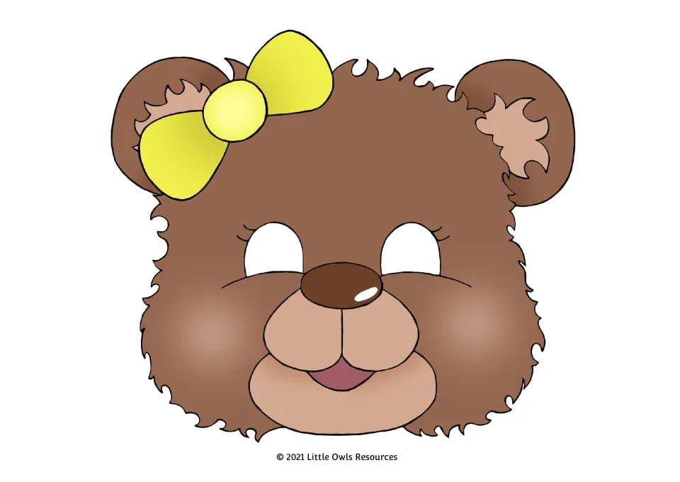 Full-color teddy bear mask 6 for dramatic role-play, with brown fur, eyelashes, and a bright yellow bow
