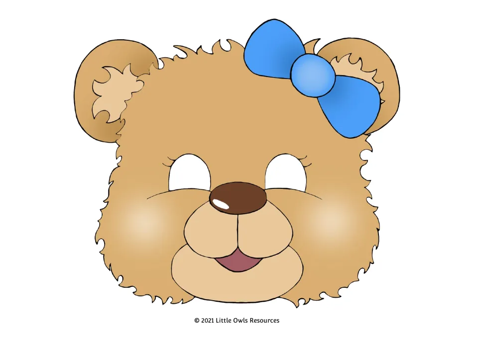 Full-color teddy bear mask 7 for dramatic role-play, with light golden fur, eyelashes, and a blue bow