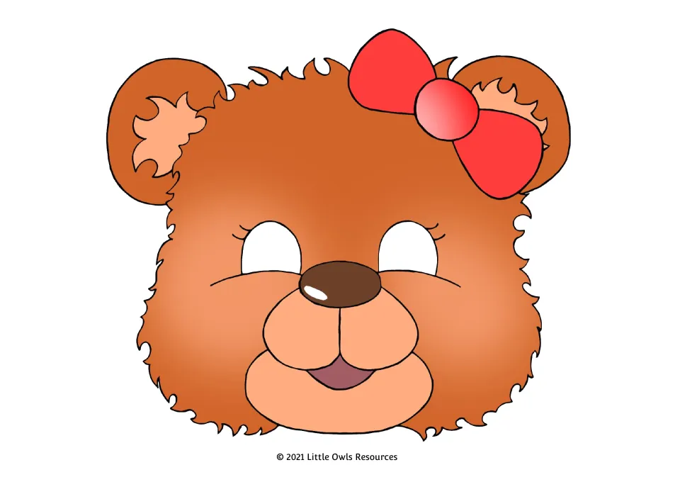 Full-color teddy bear mask 8 for dramatic role-play, with orange fur, eyelashes, and a bright red bow