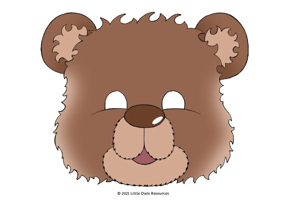 Full-color teddy bear mask 10 for dramatic role-play, with brown fur and a tan muzzle with furry edges