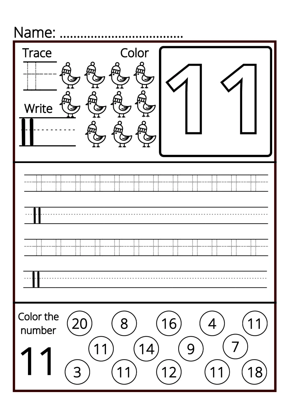Number 11: students trace and write 11, color 11 birds in hats, then find and color every 11 among mixed numbers