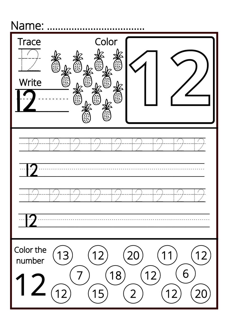 Number 12: students trace and write 12 on practice rows, color 12 pineapples and color each 12 among numbered circles