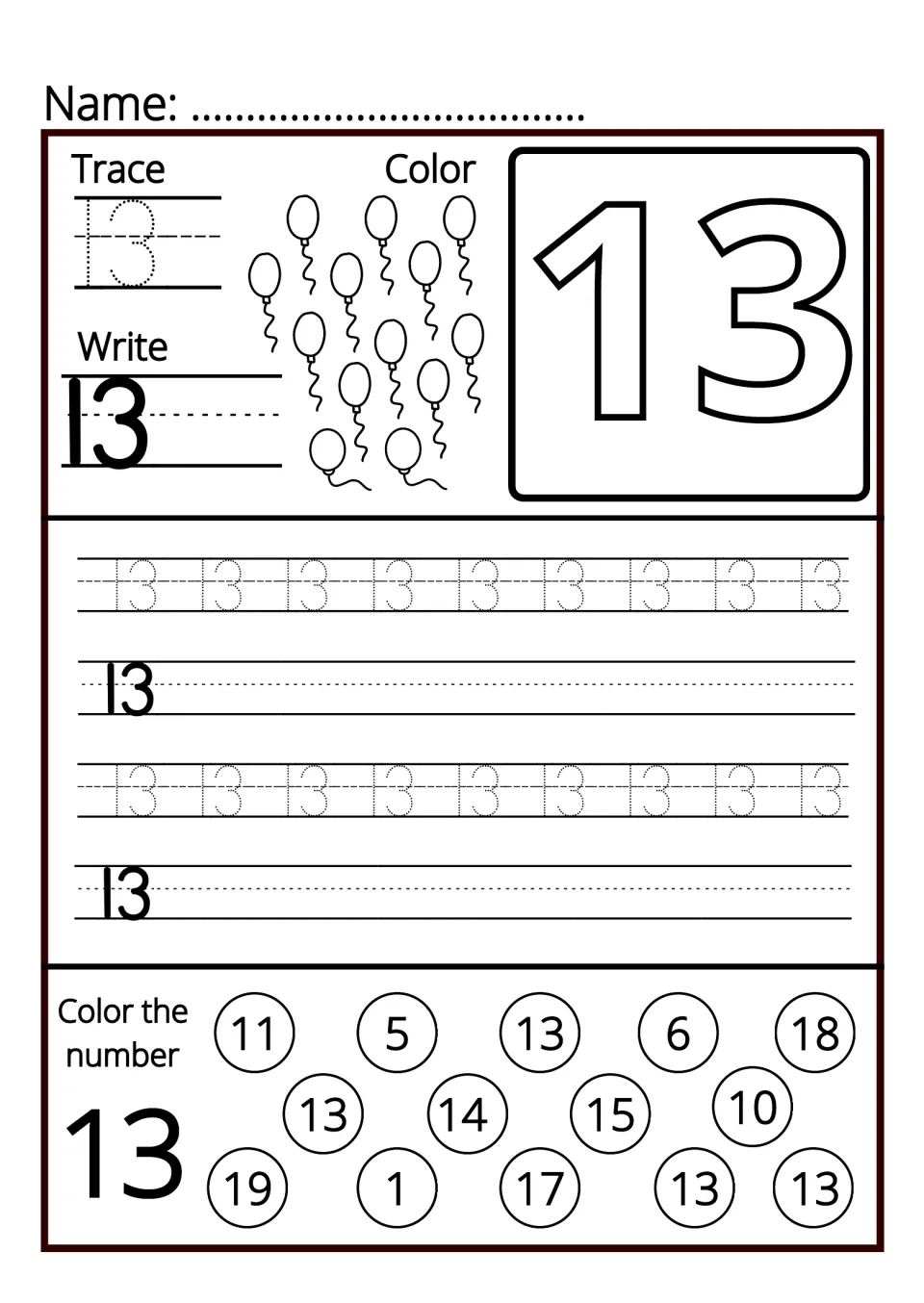 Number 13: students trace and write 13, color 13 balloons, then pick out and color the 13s in a set of number circles