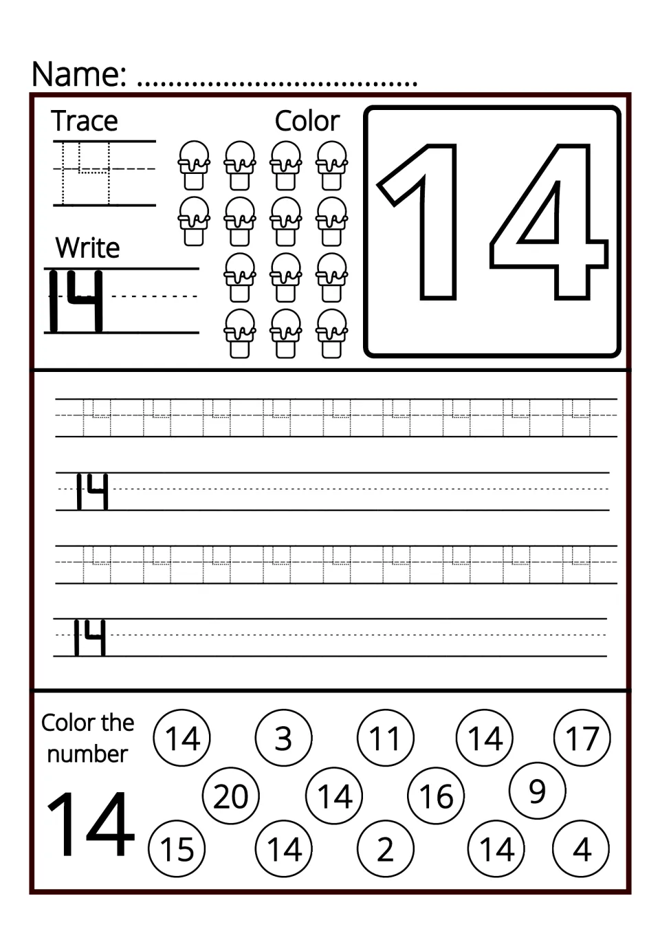 Number 14: students trace and write 14, color 14 ice cream cones and find each 14 among mixed numbers to color it in