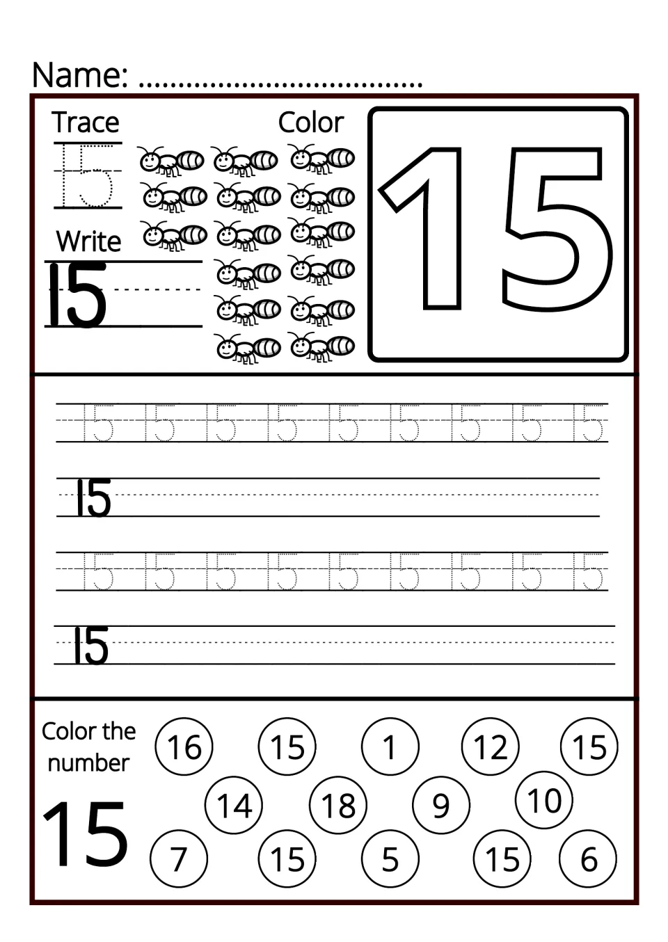 Number 15: students trace and write 15, color 15 ants, then search the number circles and color every 15 they find