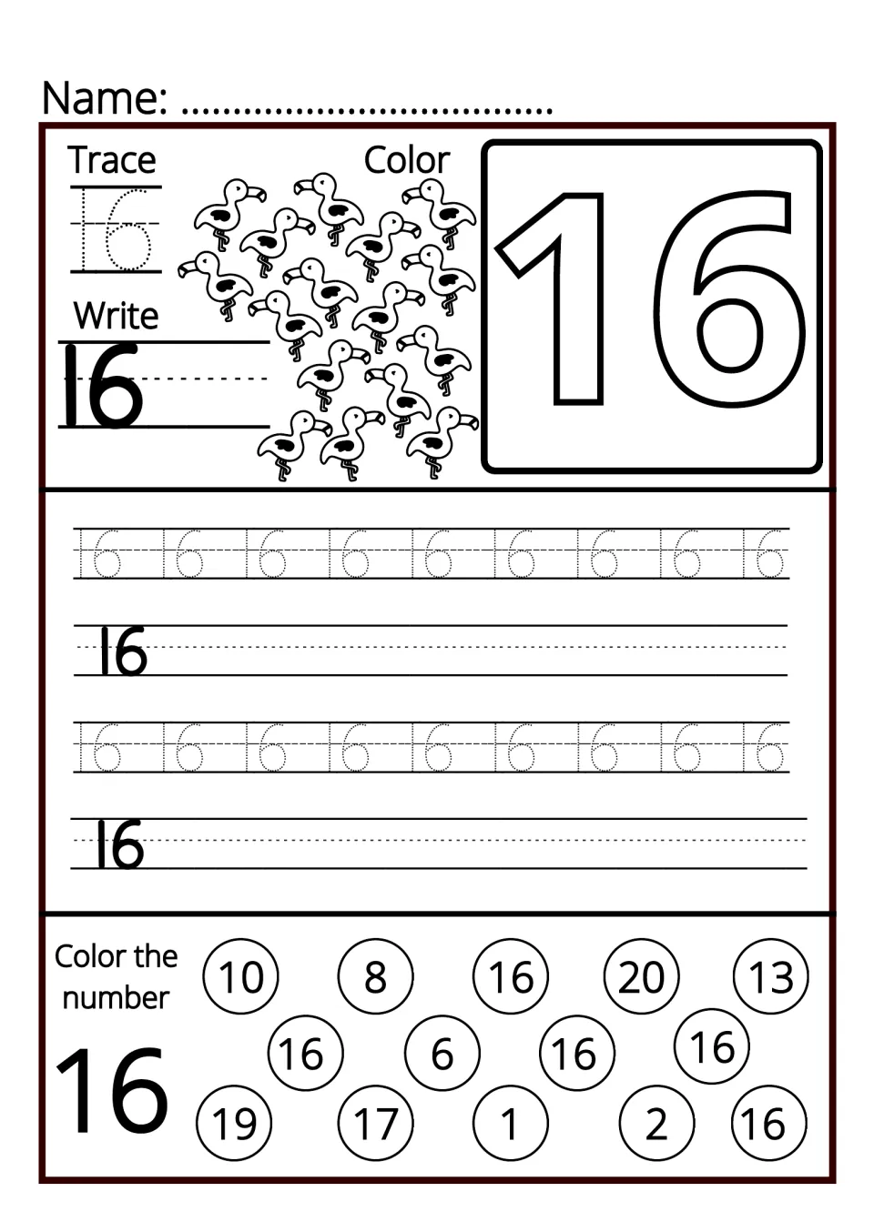 Number 16: students trace and write 16, color 16 flamingos and practise number recognition by coloring each 16 shown
