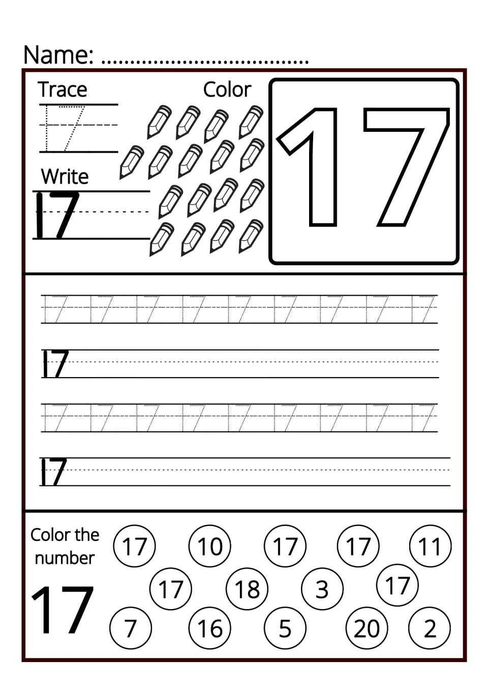 Number 17: students trace and write 17, color 17 pencils, then find and color the 17s mixed among other numbers