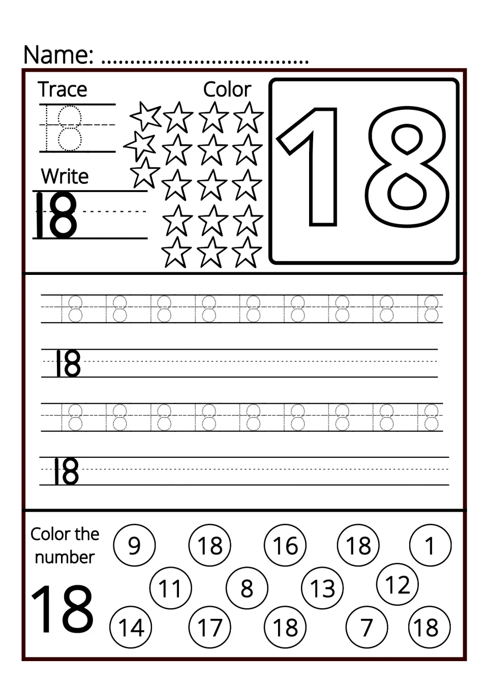 Number 18: students trace and write 18, color 18 stars and spot each 18 in a cluster of numbered circles to color