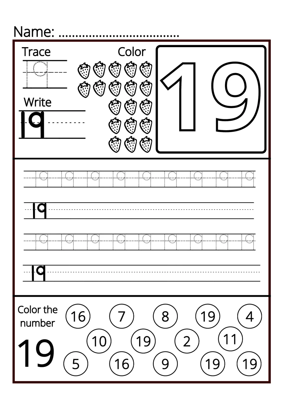 Number 19: students trace and write 19, color 19 strawberries, then color every 19 found among the mixed numbers