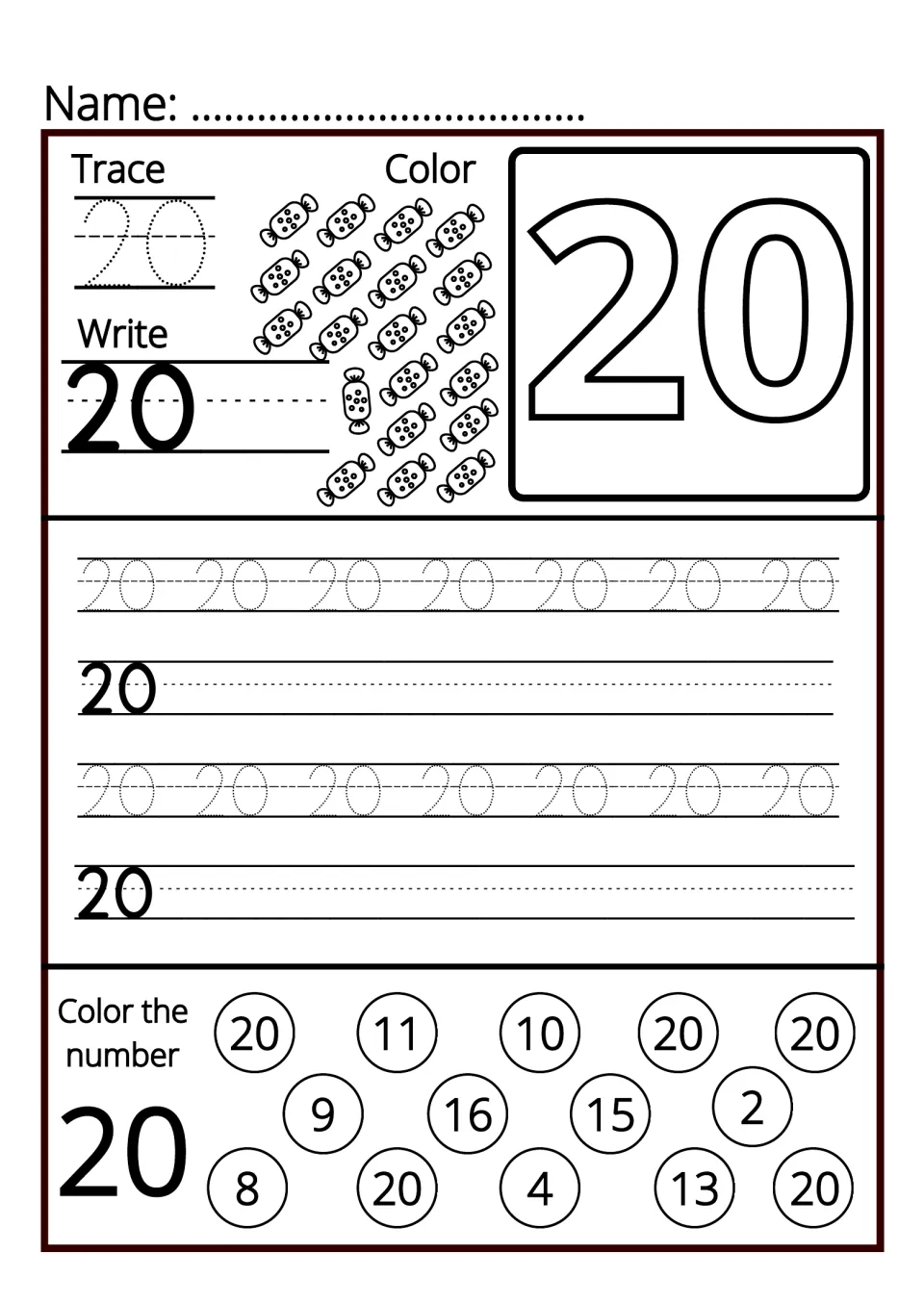 Number 20: students trace and write 20, color 20 wrapped candies and find and color each 20 among mixed numbers