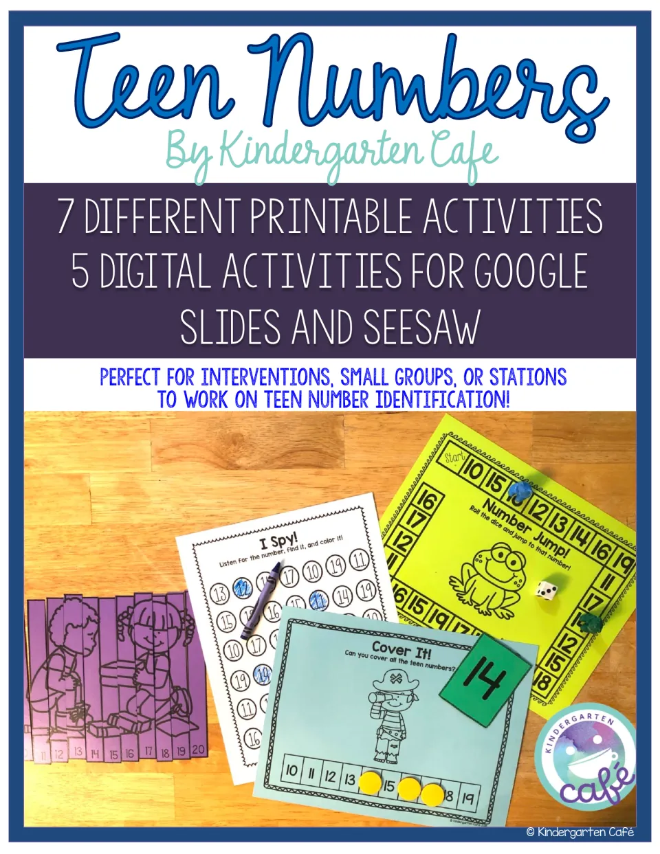 Teen Numbers cover: 7 printable and 5 digital activities, with photos of I Spy, Cover It, Number Jump and a number puzzle
