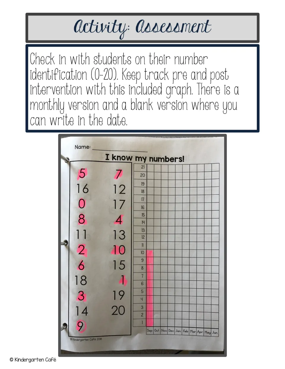 Assessment directions: check number identification 0-20 and graph growth; photo shows known numbers highlighted