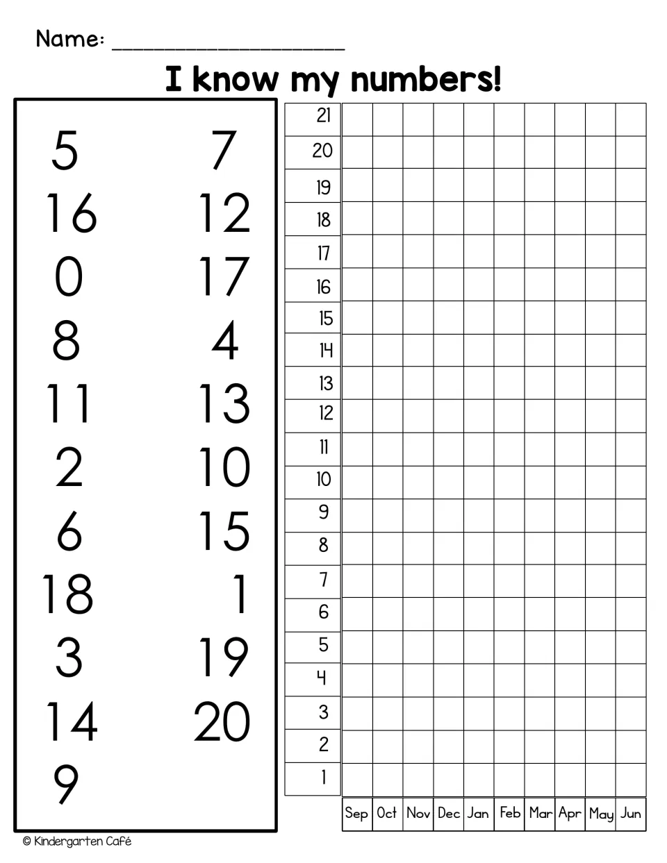 I know my numbers! Students name 0 to 20 in mixed order; a 1-21 bar graph with Sep to Jun columns records monthly totals