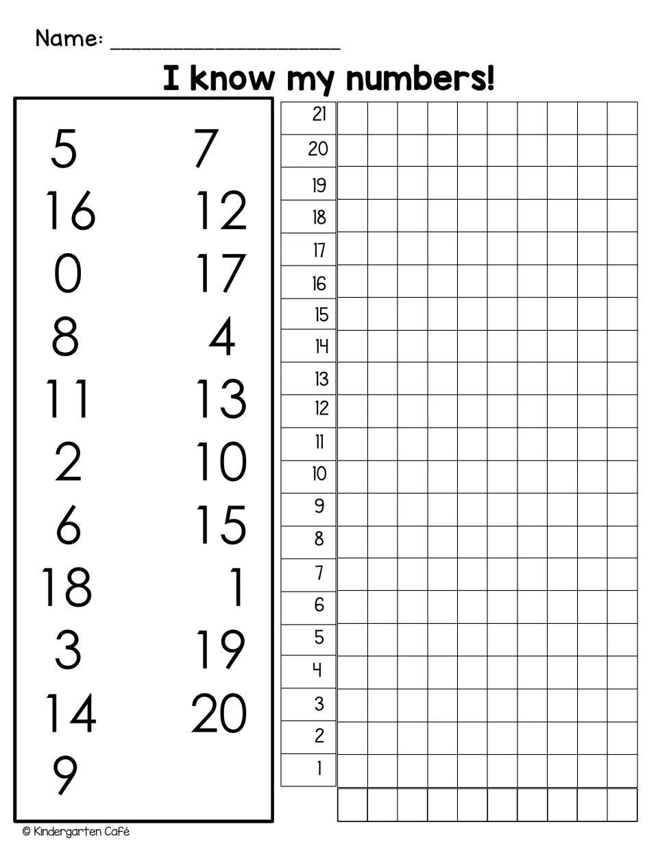 I know my numbers! check with numbers 0 to 20 in mixed order and a 1-21 bar graph whose date row is left blank to fill in