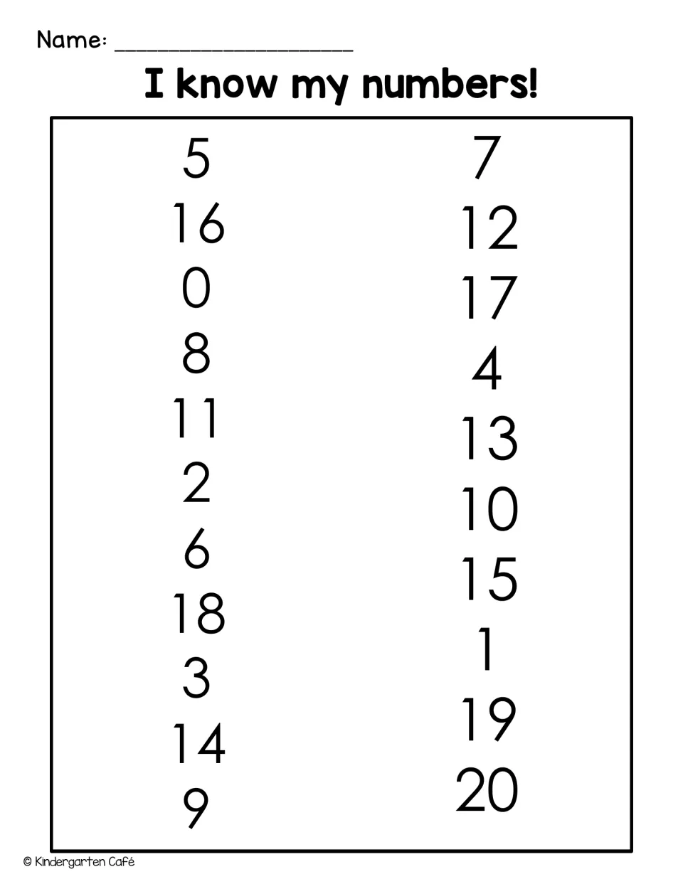 I know my numbers! Number identification list only: 0 to 20 in mixed order for students to read aloud