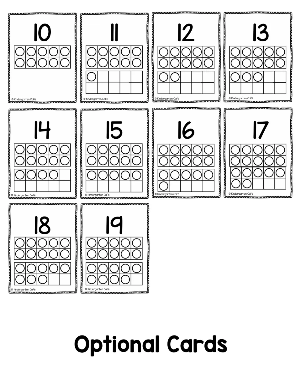 Optional Cards preview: teen number cards 10 to 19, each showing the numeral with double ten frames filled to match