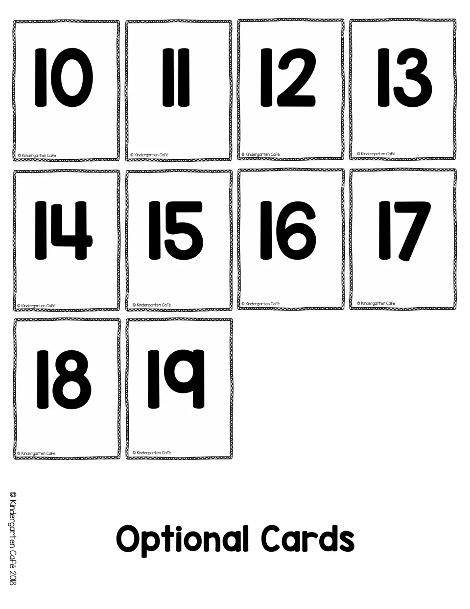 Optional Cards preview: numeral-only cards for 10 through 19 in bold print, with no ten frames, shown at reduced size
