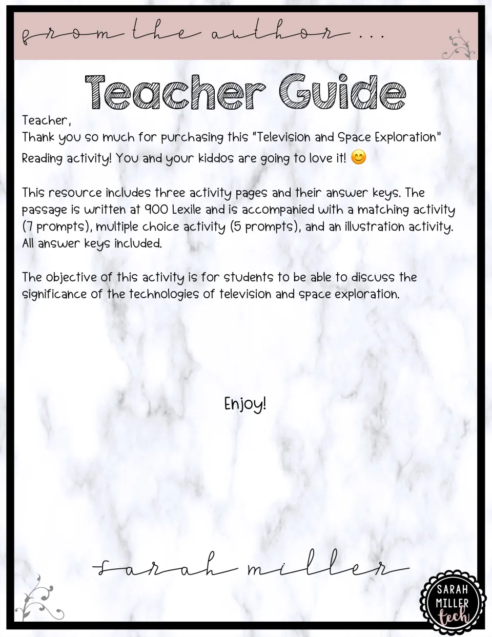 Teacher guide outlining a 900 Lexile passage, seven vocabulary matches, five questions, and a poster task.