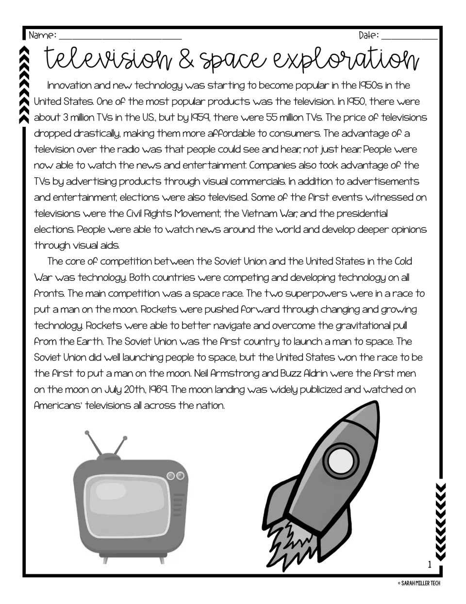 Reading passage on television's growth in the 1950s, the Cold War space race, and the 1969 moon landing.