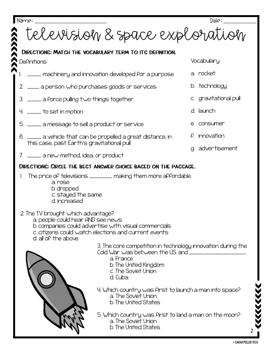 Seven vocabulary matches and five multiple-choice questions about television, technology, and the space race.