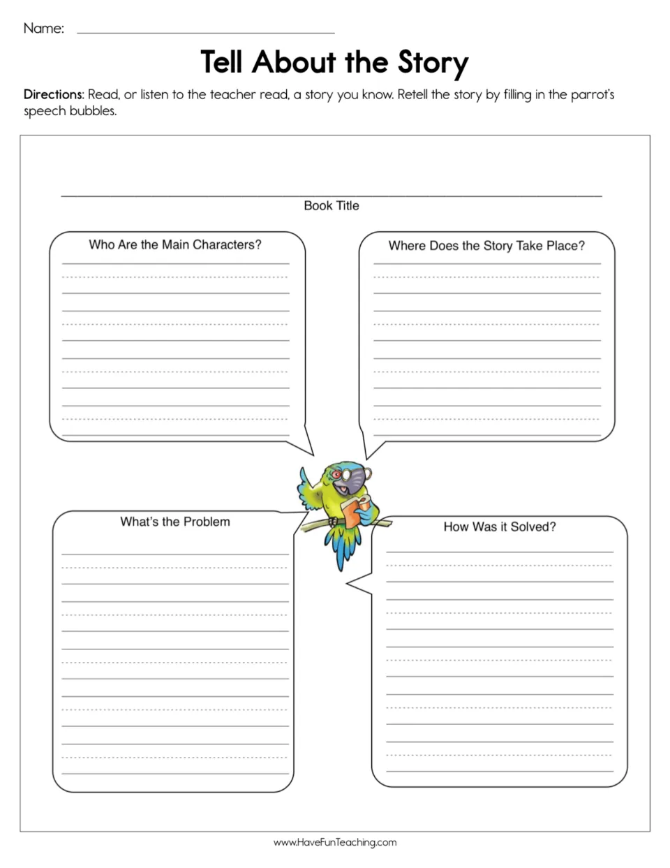 Story retelling: students write a book's characters, setting, problem and solution in a reading parrot's speech bubbles