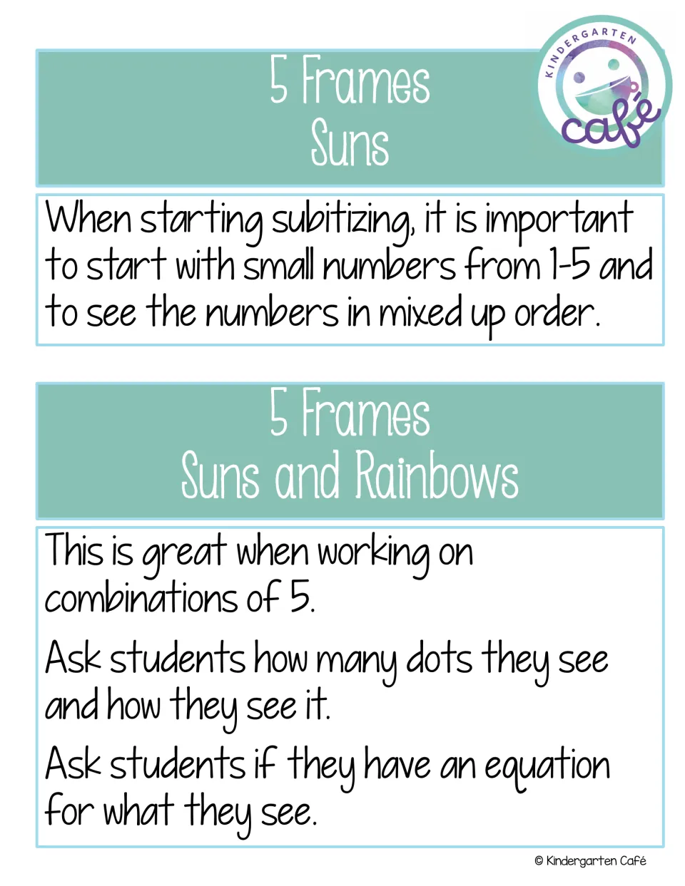 Teacher tips for sun and rainbow 5 frames: use 1-5 in mixed order, build combinations of 5, ask for equations