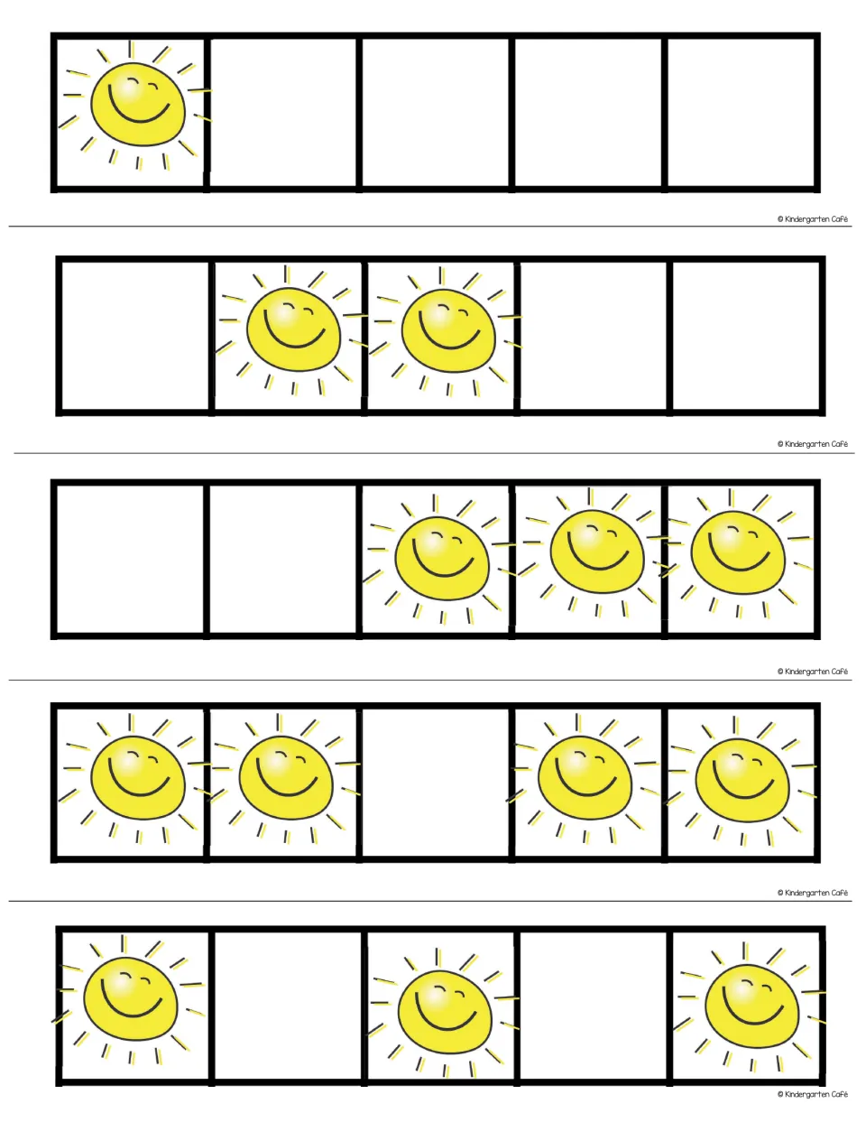 Sun quick-image cards: five 5-frame strips with 1, 2, 3, 4 and 3 suns in varied spots for students to subitize