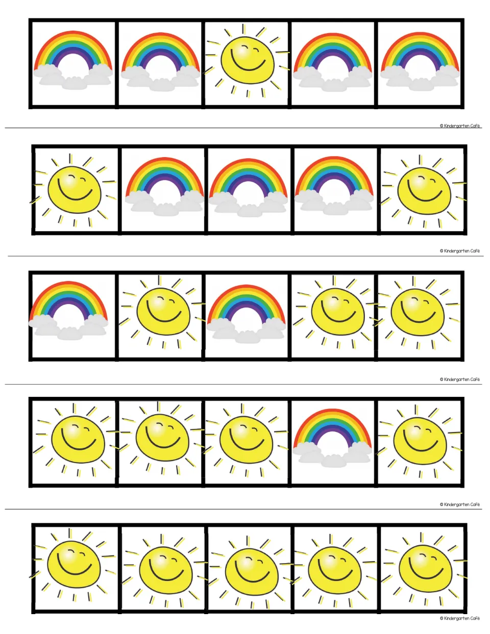 Suns and rainbows quick images: 5-frame strips mixing the two in scattered order to show combinations of 5