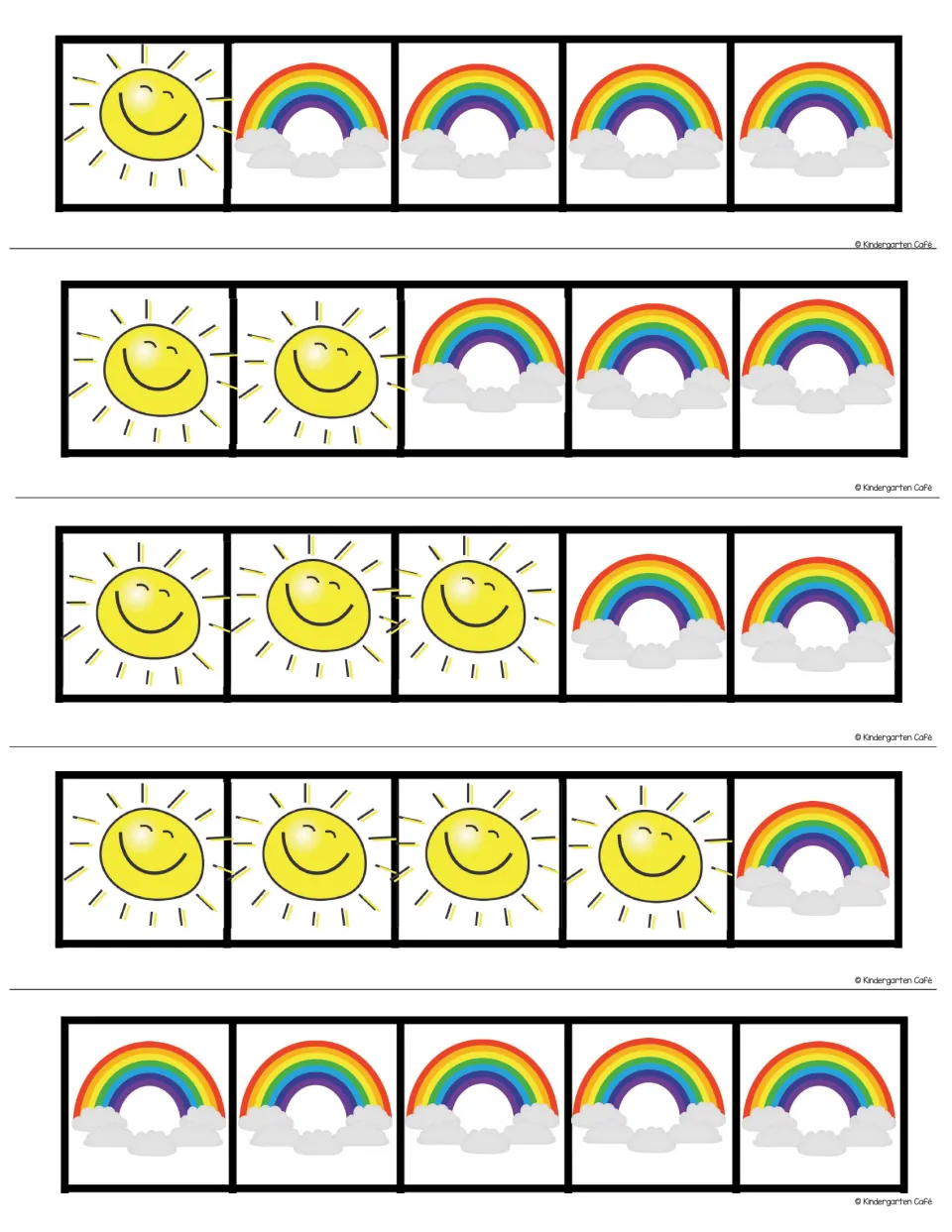 Ordered combinations of 5: suns then rainbows on each strip as 1+4, 2+3, 3+2, 4+1, then 5 rainbows